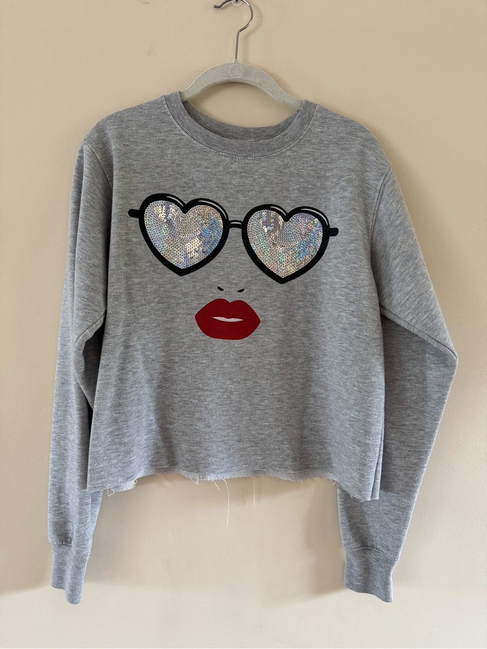 Mighty Fine Gray Crewneck Sweatshirt with Sequin Heart Sunglasses and Red Lips